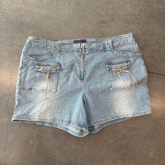 Vintage Y2K Zip Up Tie Mid Rise Light Wash Denim Blue Jean Short Women 20W - Picture 1 of 5